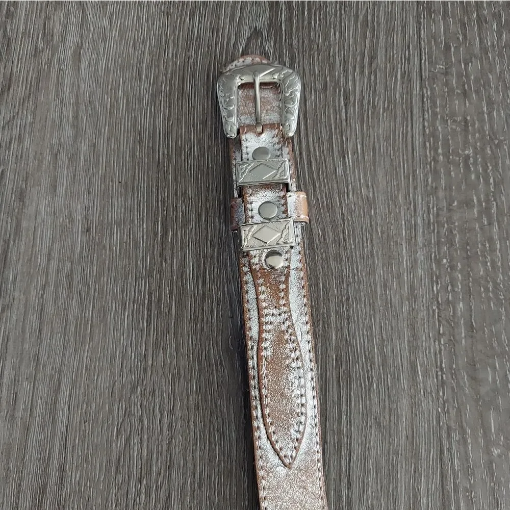 Charley Stone Embossed Leather Ranger Belt - Tan With Silver - Medium